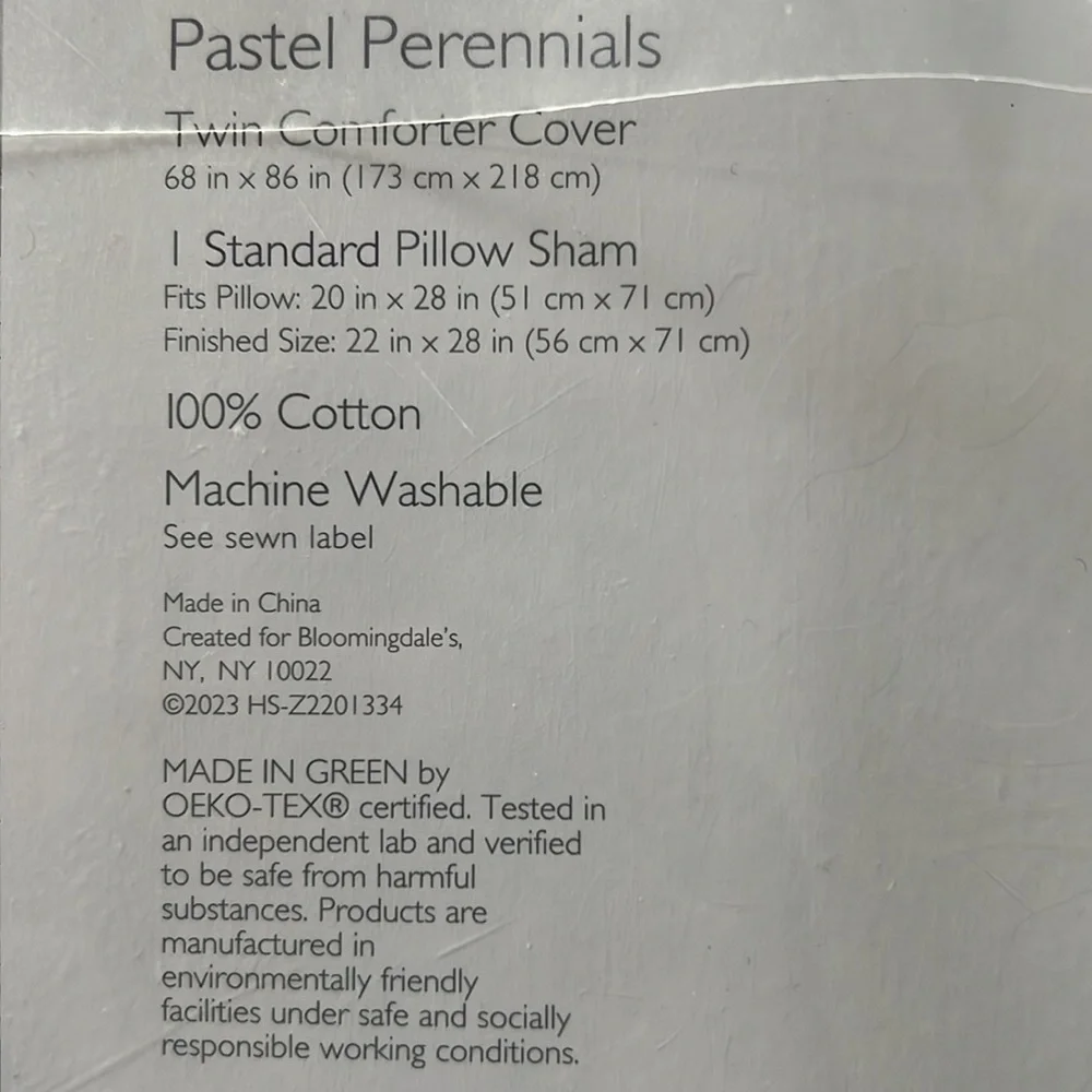 Sky Pastel Perennials Duvet Cover Set, Twin New in Box Retail $230